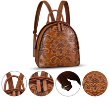 Load image into Gallery viewer, Genuine Leather Backpack for Women Purse Retro Embossed Leather Knapsack Handmade Rucksack Casual Daypack