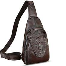 Load image into Gallery viewer, Genuine Leather Sling Bag Embossed Crocodile Pattern Leather Crossbody Sling Backpack Handmade Chest Purse Daypack