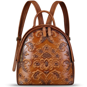 Genuine Leather Backpack for Women Purse Retro Embossed Leather Knapsack Handmade Rucksack Casual Daypack