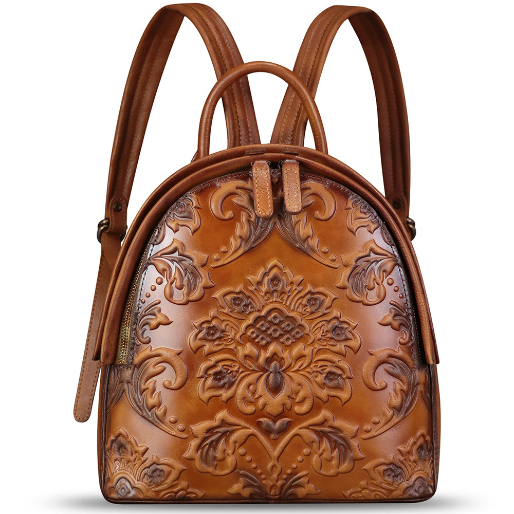 Genuine Leather Backpack for Women Purse Retro Embossed Leather Knapsack Handmade Rucksack Casual Daypack