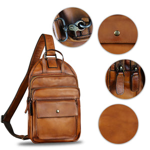 Genuine Leather Sling Bag for Men and Women Vintage Real Leather Fashion Sling Backpack Shoulder Crossbody Chest Purse