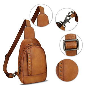 Genuine Leather Sling Bag for Women Sling Backpack Chest Shoulder Hiking Daypack Vintage Handmade Casual Crossbody Purse