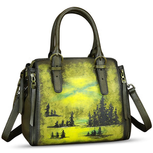 Genuine Leather Handbag for Women Hand Painted Leather Top Handle Purse Handmade Crossbody Satchel Tote Bag