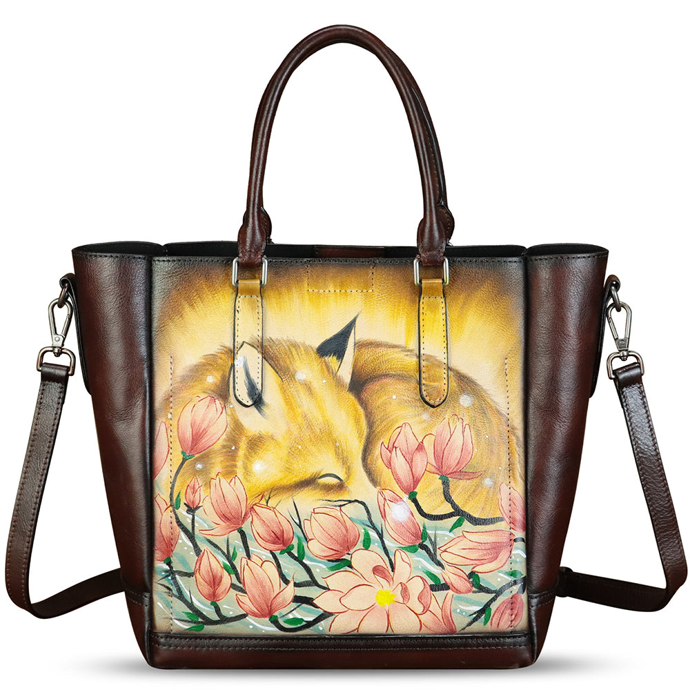 Genuine Leather Handbag for Women Hand Painted Leather Top Handle Satchel Handmade Crossbody Purse Tote Bag