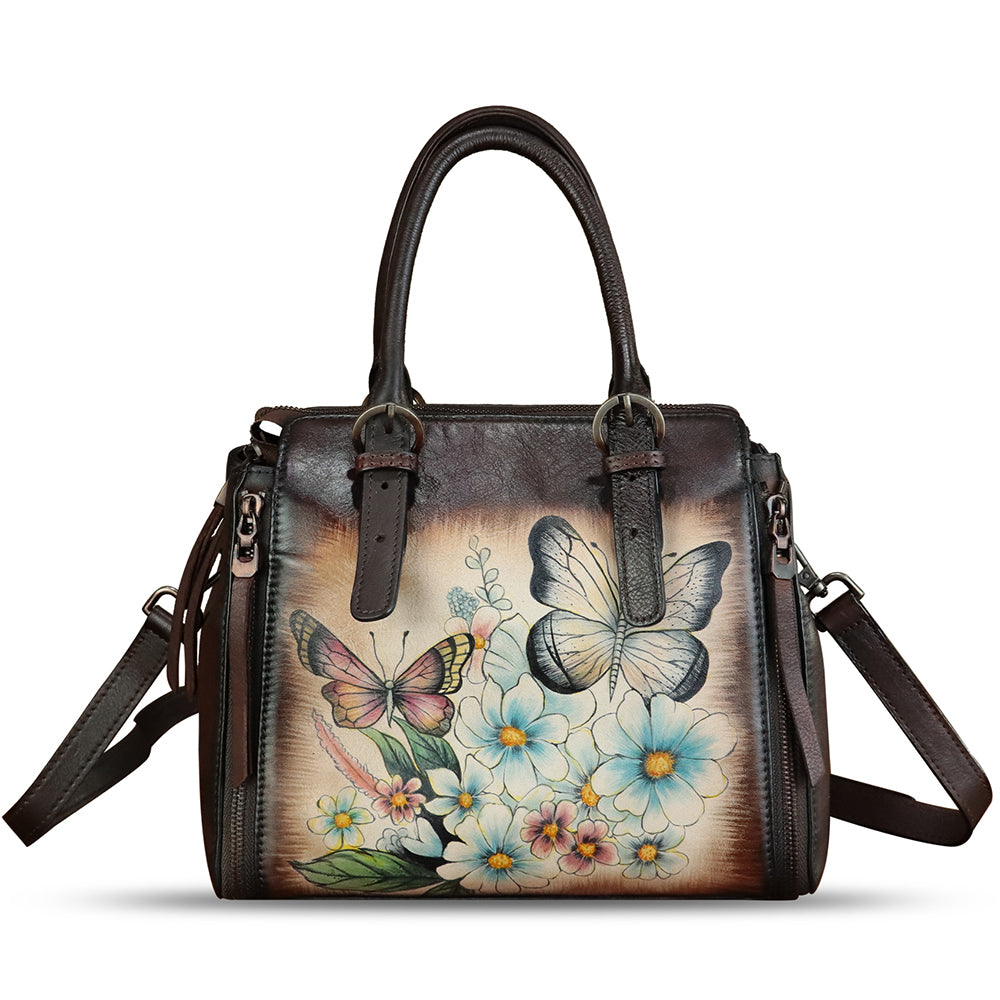 Genuine Leather Handbag for Women Hand Painted Leather Top Handle Purse Handmade Crossbody Satchel Tote Bag