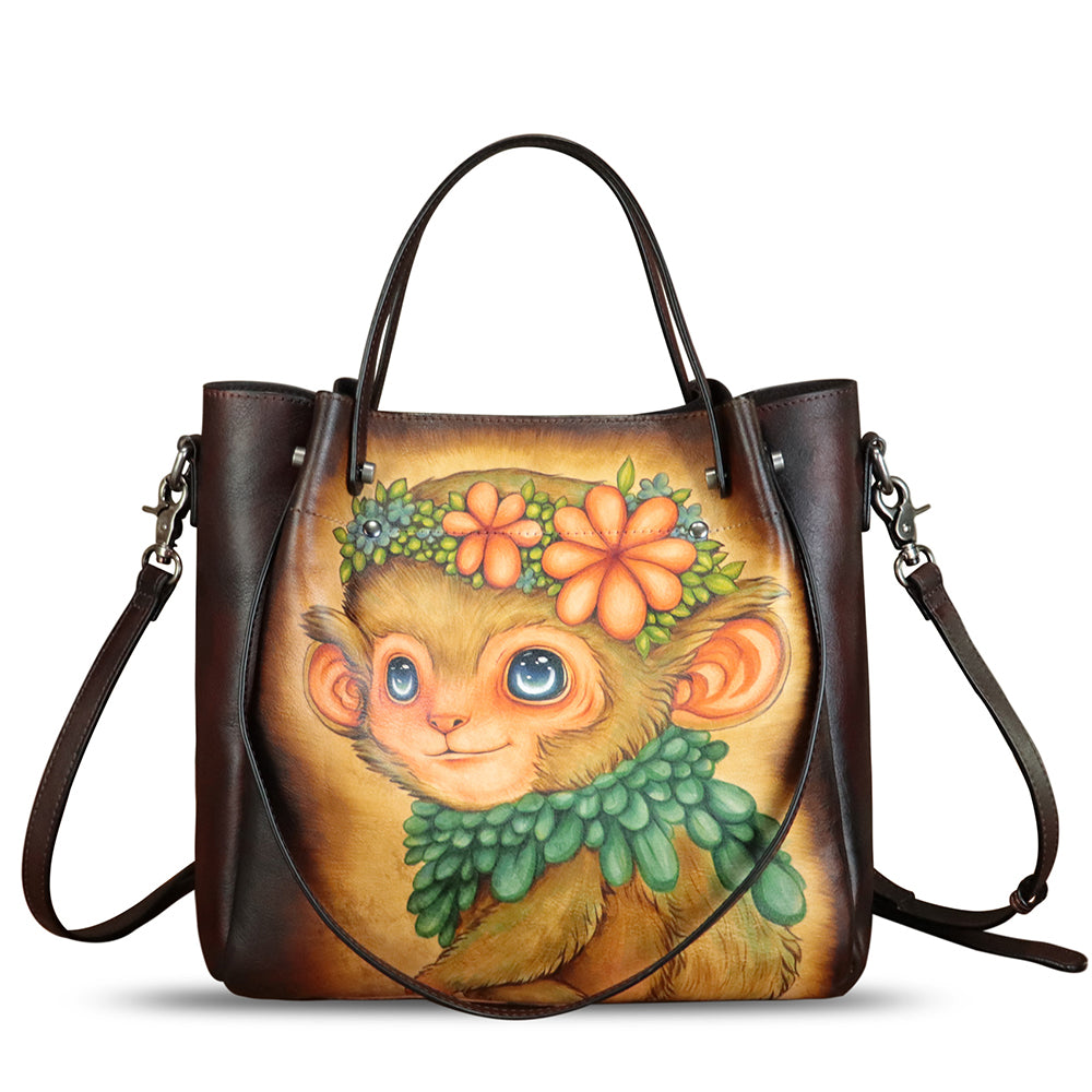 Genuine Leather Handbag Satchel for Women Hand Painted Shoulder Bag Handmade Work Tote Casual Crossbody Purse