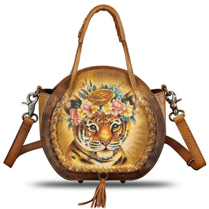 Genuine Leather Handbag for Women Purse Hand Painted Pattern Top Handle Satchel Handmade Crossbody Pouch