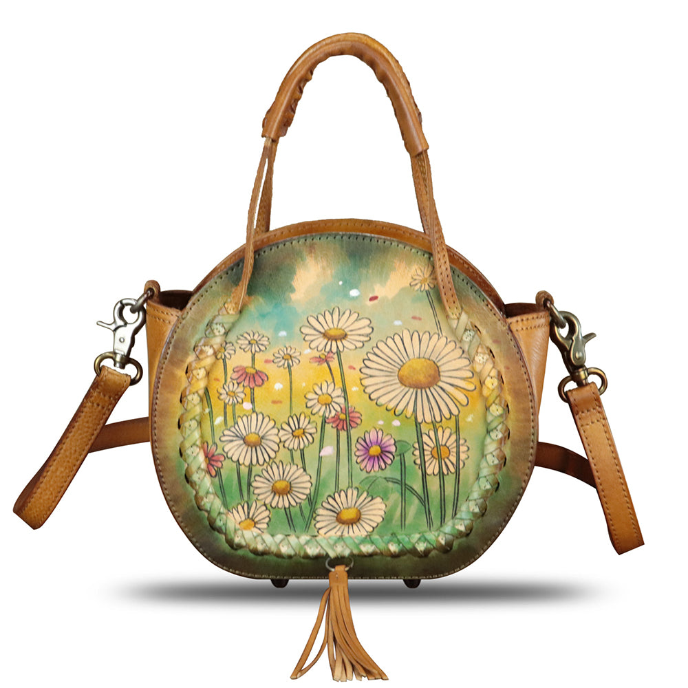 Genuine Leather Handbag for Women Purse Hand Painted Pattern Top Handle Satchel Handmade Crossbody Pouch