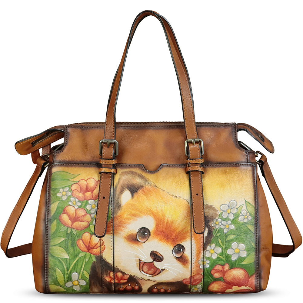 Genuine Leather Satchel for Women Hand Painted Pattern Handbag Top Handle Bags Handmade Crossbody Purse Work Tote