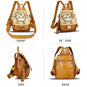 Genuine Leather Backpack for Women Hand Painted Knapsack Purse Designer Handmade Rucksack Casual Daypack