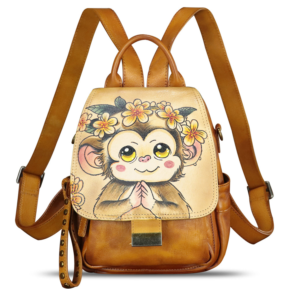 Genuine Leather Backpack for Women Hand Painted Knapsack Purse Designer Handmade Rucksack Casual Daypack