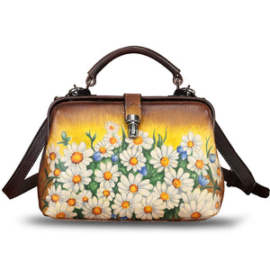 Genuine Leather Handbag Satchel for Women Hand Painted Leather Handmade Pouch Casual Shoulder Purse Bag