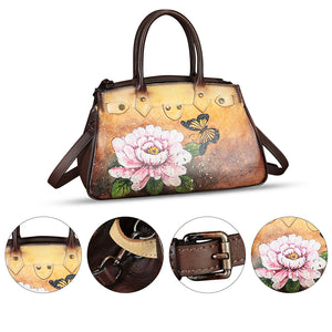 Genuine Leather Satchel for Women Hand Painted Leather Handbag Top Handle Bags Handmade Crossbody Purse Work Tote