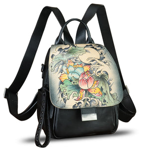 Genuine Leather Backpack for Women Hand Painted Knapsack Purse Designer Handmade Rucksack Casual Daypack