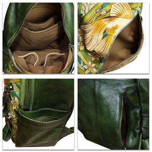 Genuine Leather Backpack for Women Hand Painted Knapsack Purse Handmade Rucksack Casual Daypack