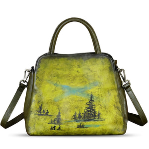 Genuine Leather Handbag for Women Hand Painted Leather Top Handle Satchel Handmade Crossbody Purse