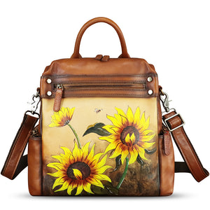 Genuine Leather Backpack for Women Hand Painted Knapsack Purse Handmade Rucksack Casual College Bag Convertible Daypack