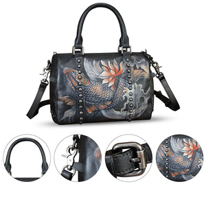 Genuine Leather Satchel for Women Hand Painted Leather Handbag Top Handle Bags Handmade Purse Crossbody Tote Bag