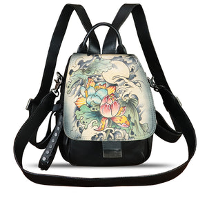 Genuine Leather Backpack for Women Hand Painted Knapsack Purse Designer Handmade Rucksack Casual Daypack