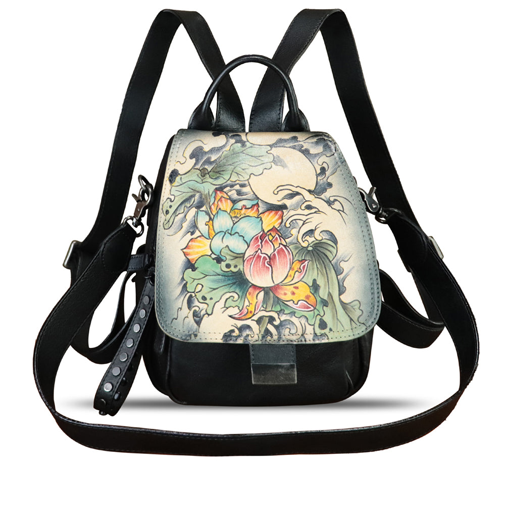 Genuine Leather Backpack for Women Hand Painted Knapsack Purse Designer Handmade Rucksack Casual Daypack