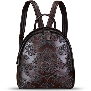 Genuine Leather Backpack for Women Purse Retro Embossed Leather Knapsack Handmade Rucksack Casual Daypack