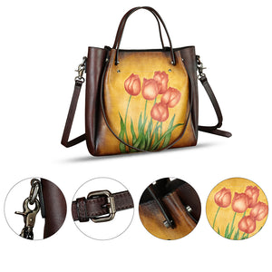 Genuine Leather Handbag Satchel for Women Hand Painted Shoulder Bag Handmade Work Tote Casual Crossbody Purse