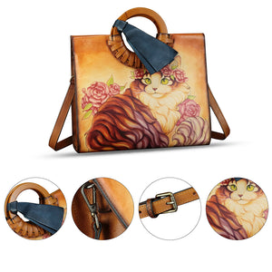 Genuine Leather Handbag Purse for Women Hand Painted Pattern Handbag Handmade Crossbody Work Tote Shoulder Bag