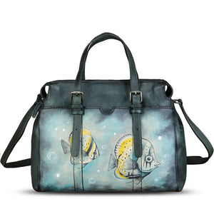 Genuine Leather Satchel for Women Hand Painted Pattern Handbag Top Handle Bags Handmade Crossbody Purse Work Tote