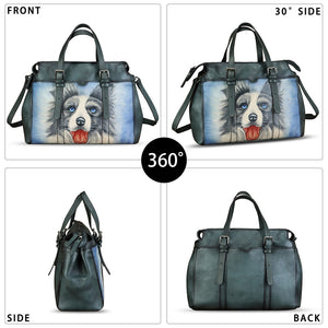 Genuine Leather Satchel for Women Hand Painted Pattern Handbag Top Handle Bags Handmade Crossbody Purse Work Tote