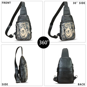 Genuine Leather Sling Bag Hand Painted Crossbody Backpack Retro Handmade Chest Shoulder Daypack Fanny Pack Purse