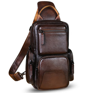 IVTG Genuine Leather Sling Bag Crossbody Casual Hiking Daypack Vintage Handmade Chest Bag Shoulder Backpack Motorcycle Pack