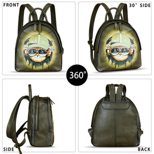 Genuine Leather Backpack for Women Hand Painted Purse Retro Leather Handmade College Knapsack Rucksack Casual Daypack