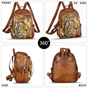Genuine Leather Backpack for Women Hand Painted Rivet Knapsack Purse Handmade Rucksack Casual Daypack