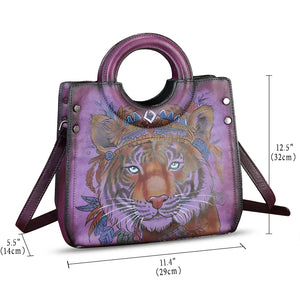 Genuine Leather Tote Bag for Women Hand Painted Leather Shoulder Handbag Handmade Purse Crossbody Work Tote Casual Purse