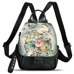 Genuine Leather Backpack for Women Hand Painted Knapsack Purse Designer Handmade Rucksack Casual Daypack