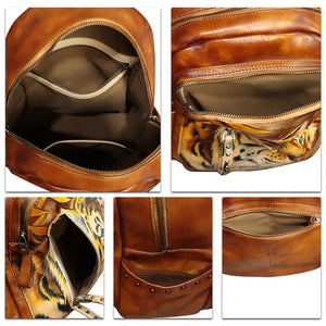Genuine Leather Backpack for Women Hand Painted Rivet Knapsack Purse Handmade Rucksack Casual Daypack