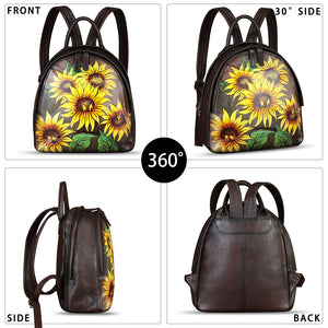 Genuine Leather Backpack for Women Hand Painted Purse Retro Leather Handmade College Knapsack Rucksack Casual Daypack