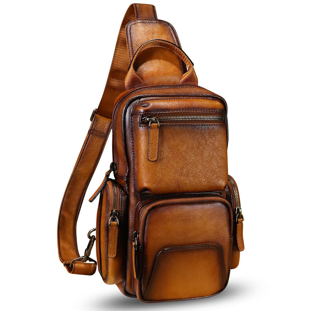 IVTG Genuine Leather Sling Bag Crossbody Casual Hiking Daypack Vintage Handmade Chest Bag Shoulder Backpack Motorcycle Pack