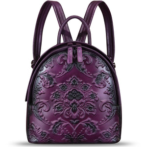 Genuine Leather Backpack for Women Purse Retro Embossed Leather Knapsack Handmade Rucksack Casual Daypack