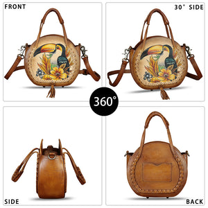 Genuine Leather Handbag for Women Purse Hand Painted Pattern Top Handle Satchel Handmade Crossbody Pouch