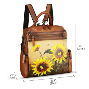 Genuine Leather Backpack for Women Hand Painted Knapsack Purse Handmade Rucksack Casual College Bag Convertible Daypack