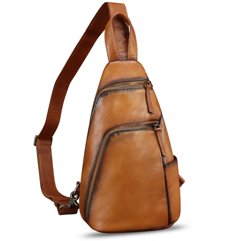 Genuine Leather Silng Bag for Men and Women Vintage Leather Sling Backpack Purse Shoulder Crossbody Bag Chest Bag