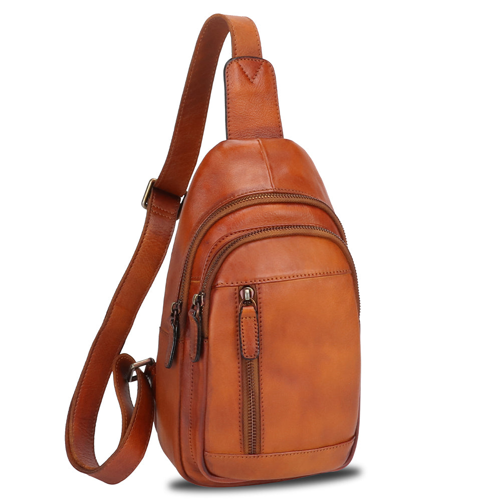 Genuine Leather Sling Bag Chest Shoulder Pack Crossbody Casual Daypack Vintage Handmade Hiking Backpack Motorcycle Bag