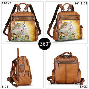 Genuine Leather Backpack for Women Hand Painted Knapsack Purse Handmade Rucksack Casual College Bag Convertible Daypack