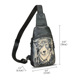 Genuine Leather Sling Bag Hand Painted Crossbody Backpack Retro Handmade Chest Shoulder Daypack Fanny Pack Purse