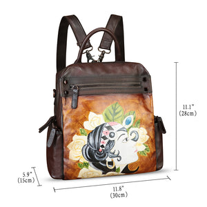 Genuine Leather Backpack for Women Hand Painted Knapsack Purse Handmade Rucksack Casual College Bag Convertible Daypack