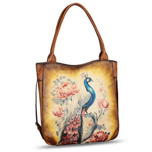 Genuine Leather Shoulder Bag for Women Hand Painted Leather Handbag Handmade Purse Work Tote Bag Casual Purse