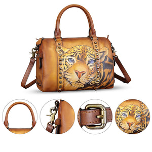 Genuine Leather Satchel for Women Hand Painted Leather Handbag Top Handle Bags Handmade Purse Crossbody Tote Bag