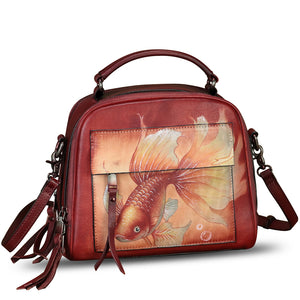 Genuine Leather Satchel for Women Hand Painted Leather Top Handle Handbag Handmade Crossbody Purse