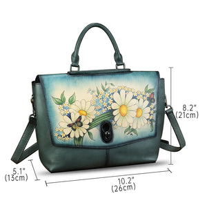 Genuine Leather Satchel for Women Hand Painted Handbag Top Handle Bags Handmade Purse Crossbody Tote Bag Purse